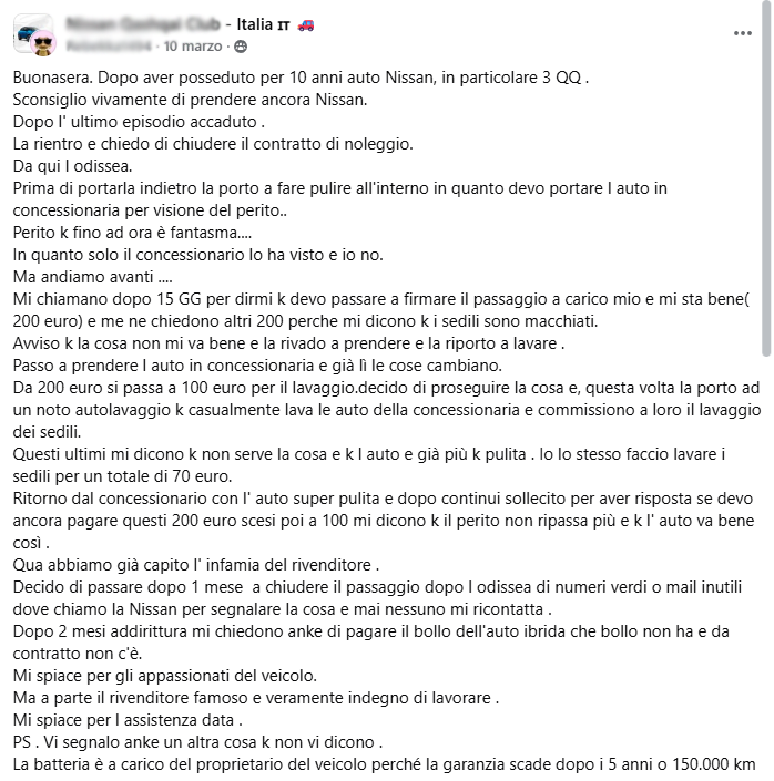 Screenshot della recensione pubblica di un cliente fedele da 10 anni, dopo un disservizio nella chiusura del contratto di noleggio